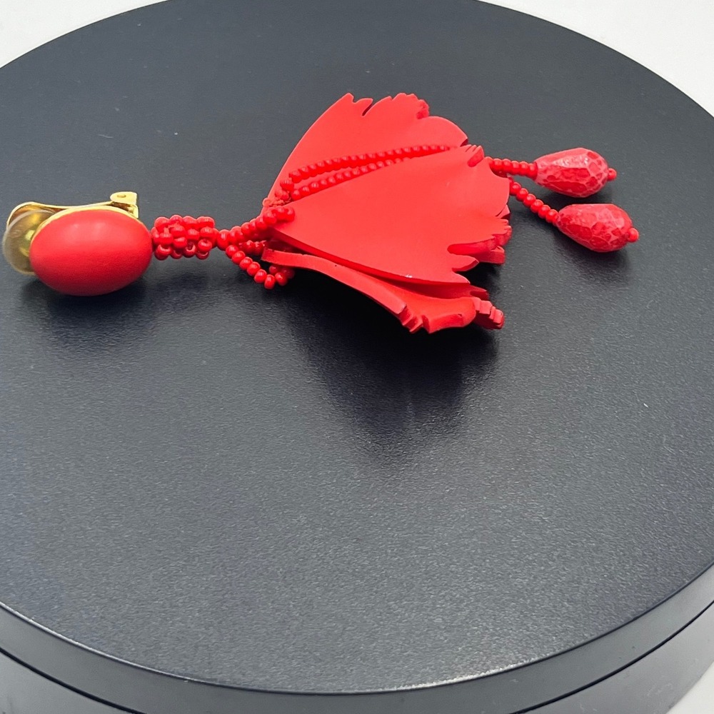 Oscar de la Renta Red Cayenne Resin Floral Impatiens‎ Crystal Earring *Single
